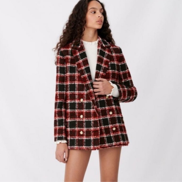 Maje Red & Black Tweed Plaid Wool Blend Blazer Jacket - Picture 1 of 16